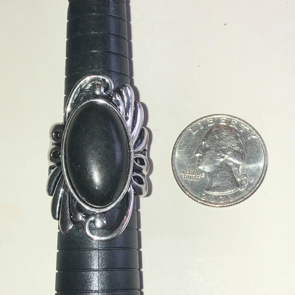 Silver Tone Black Oval Faux Stone Boho Statement Ring